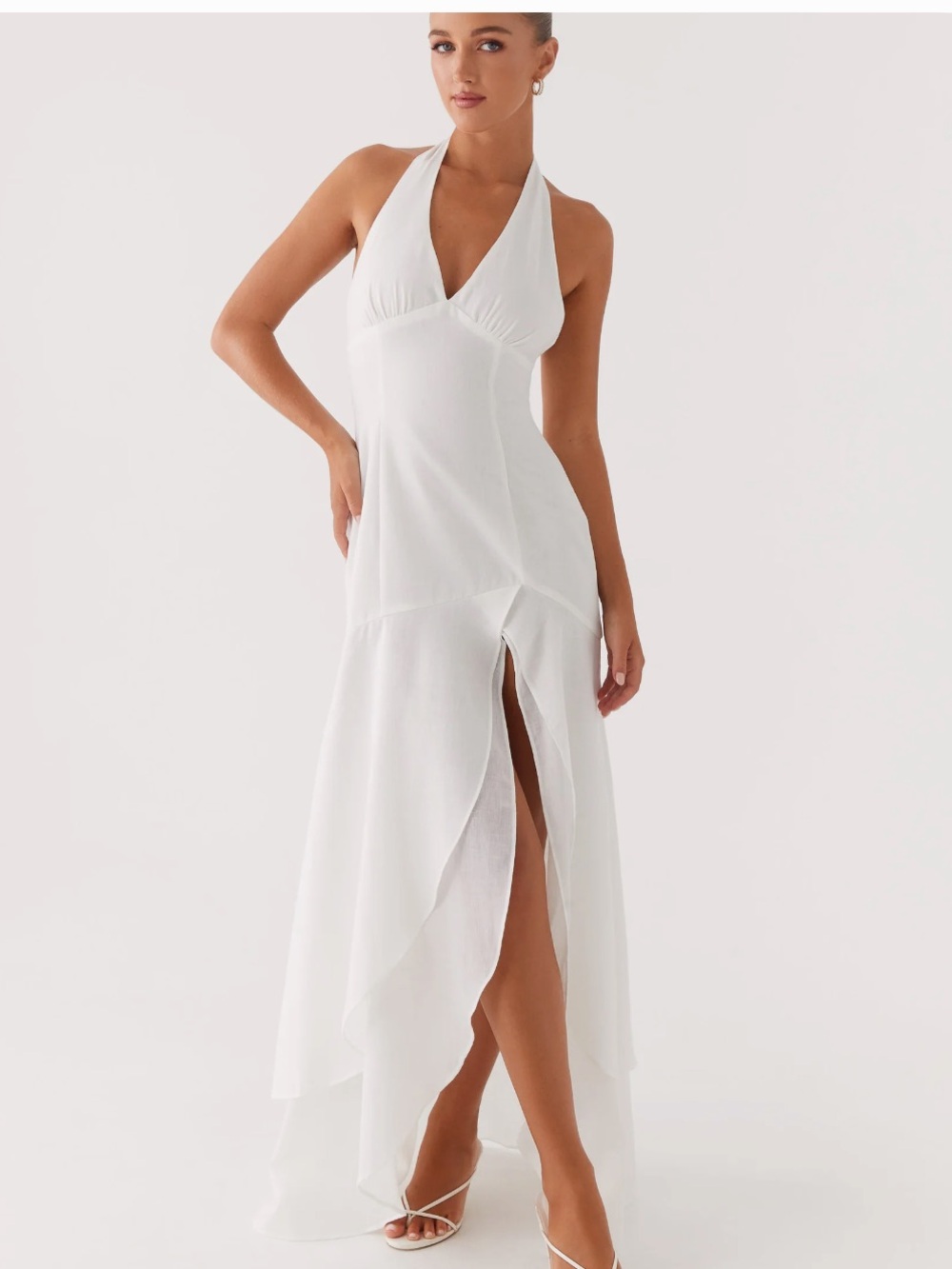 Peppermayo White Halter V-Neck Maxi Dress with Front Slit